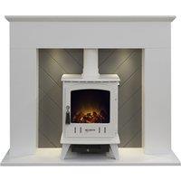 Adam Fires & Fireplaces Adam Corinth Stove Fireplace in Pure White & Grey with Downlights & Aviemore Electric Stove in White, 48 Inch
