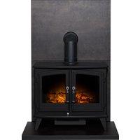 Acantha Fires & Fireplaces Acantha Tile & Hearth Set in Bronze Venetian Plaster Effect with Woodhouse Stove & Angled Pipe in Black
