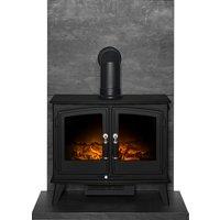 Acantha Fires & Fireplaces Acantha Tile & Hearth Set in Slate Venetian Plaster Effect with Woodhouse Stove & Angled Pipe in Black