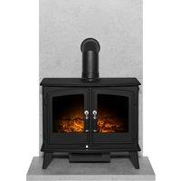 Acantha Fires & Fireplaces Acantha Tile & Hearth Set in Concrete Effect with Woodhouse Stove & Angled Pipe in Black