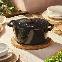 Cooks Professional Cast Iron Casserole Dish 26cm Oven Proof Enamelled Pan with Lid in Black