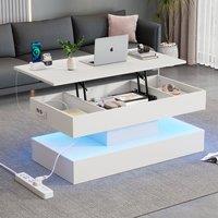 BTM Lift Top Coffee Table LED Storage Hydraulic Sofa Table Living Room in White