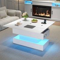 BTM Lift Top Coffee Table LED Storage USB Charging Sofa Dining Table in White