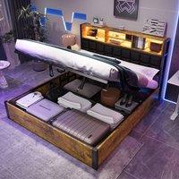 BTM Hydraulic Bed with Charging, LED & Soft Storage Headboard in Dark Brown | Size: Double