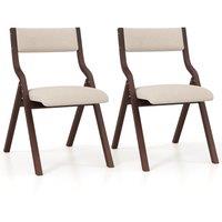 Costway Set of 2 Padded Folding Chair Wooden Counter Dining Chairs W/ Linen Fabric Seat in Brown