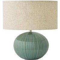 Nordara Ceramic Table Lamp Ribbed Green Base Linen Lampshade in Brown
