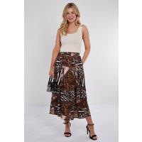 Love Sunshine Women's Mixed Leopard Print Satin Pleated Maxi Skirt in Brown | Size: Large