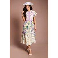 Coast Women's Lisa Tan Floral Printed Lace Trim Pleated Midi Dress in Ivory | Size: 10