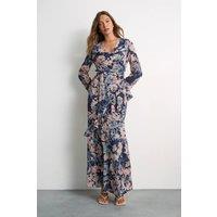 Warehouse Women's Long Sleeve Cowl Neck Floral Print Ruffle Detail Maxi Dress | Size: 12