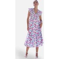Yumi Women's White Viscose Floral Ruched Waist Midi Dress | Size: 14