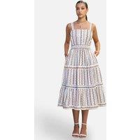 Yumi Women's White Botanical Stripe Midi Dress With Lace Trims | Size: 10