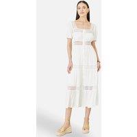 Yumi Women's White Cotton Square Neckline Lace Midi Dress | Size: 10