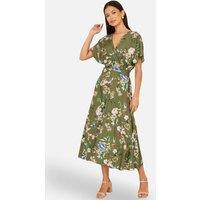 Yumi Women's Viscose Floral Print Midi Dress With Ruched Waist in Olive | Size: 8