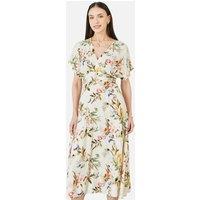 Yumi Women's Viscose Floral Print Midi Dress With Ruched Waist in Warm White | Size: 16