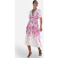 Yumi Women's Pink Mirror Floral Print Ruched Waist Kimono Midi Dress in Fuchsia | Size: 12