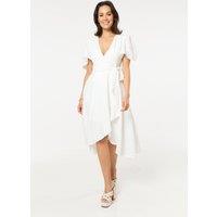 Liquorish Women's White Wrap Midi Dress with Flutter Sleeves | Size: 8