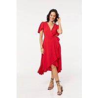 Liquorish Women's Red Wrap Midi Dress with Flutter Sleeves | Size: 14