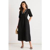 Gini London Women's Black Puff Sleeve Cotton Embroidered Midi Dress | Size: 12