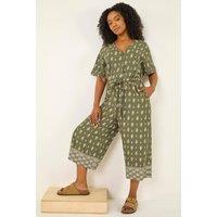 Roman Women's Petite Print V-Neck Cropped Jumpsuit in Khaki | Size: 14