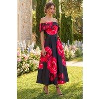 Roman Women's Floral Print Premium Stretch Midi Dress in Black | Size: 10