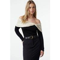 WOVCOR Women's Off-Shoulder Rib-Knit Bardot Sweater in Black | Size: Large