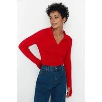 WOVCOR Women's Polo Neck Knit Sweater with Finger Detail in Red | Size: XL