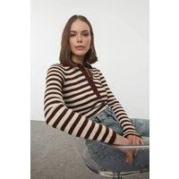 WOVCOR Women's Striped Ribbed Button-Front Fitted Knit Sweater with Polo Collar in Brown | Size: Large