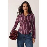 WOVCOR Women's Tailored Striped Shirt with Adjustable Waist Detail in Burgundy | Size: 4