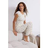 WOVCOR Women's Ditsy Floral Lace Trim Cap Sleeve Cotton Ribbed Pyjama Set in Ecru | Size: Small