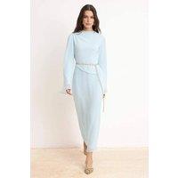 WOVCOR Women's High Neck Chain Belt Long Sleeve Maxi Chiffon Dress in Blue | Size: 16