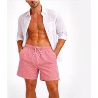 Panos Emporio Men's Seersucker swimshorts in rede & white fine stripe & front tie in Light Red | Size: Large
