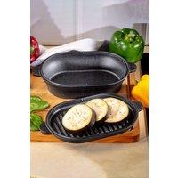Living and Home 2Pcs Set Oval Cast Iron Baking Pan Frying Pan Dish Oven Tray Stewing Pot Griddle Gill Cookware Set in Black