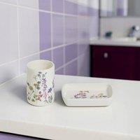 Showerdrape Meadow Wild Flowers Floral Bathroom Accessory Set- Soap Dish & Tumbler in White