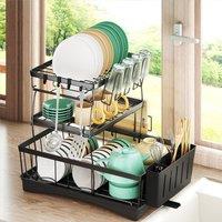 Toque Dish Drying Drainer Rack 3 Tier Drip Tray Plate Cup Cutlery Holder in Black