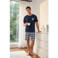 MODISHION Men's Short Sleeve Checked Shorts Pyjama Set in Navy | Size: 2XL