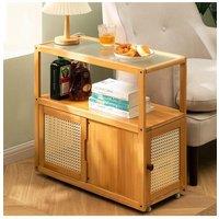 H&O Direct Wooden Glass Side Table with Wheels in Brown