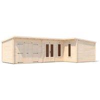 Dunster House L-Shaped Log Cabin W7m x D5m / 22'6" x 16'6" Pent, 24mm, DG - HellWolf in Brown