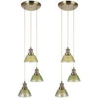 First Choice Lighting Set of 2 Vintage - Green Glass with Brass 3 Light Cluster Pendants in Bronze