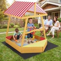 CASART Sandpit w/ roof Wooden Sandpit w/Steering Wheel & 4 Corner Seats