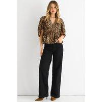 Gini London Women's Brown Animal Print V Neck Peplum Blouse | Size: 8