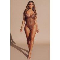 Femme Luxe Women's Stripped Lace Cup Detail Strappy Plunge Bodysuit in Brown | Size: 8-10