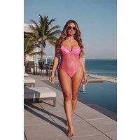 Femme Luxe Women's Stripped Lace Cup Detail Strappy Plunge Bodysuit in Pink | Size: 8-10