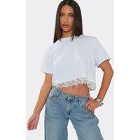 EGO Women's Short Sleeve Crew Neck Lace Trim Crop T-Shirt in White | Size: 8