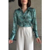 MyFashion Women's Geometric Print Long Sleeve Shirt with Button Closure in Green | Size: Medium