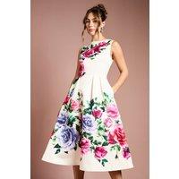 Coast Women's Pocket Structured Satin Placement Print Midi Dress in Ivory | Size: 12