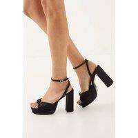 MissPap Women's Satin Knot Front Very High Block Heel Platform Sandals in Black | Size: 7