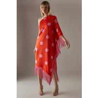 Warehouse Women's Premium Fringe Trim One Shoulder Midi Dress in Coral Pink | Size: 8
