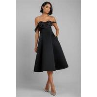 Goddiva Women's Sparkle Chiffon Cowl Bardot Skater Midi Dress in Black | Size: 10