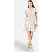 Yumi Women's White Ditsy Print Frill Wrap Dress in Warm White | Size: 14