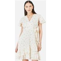 Yumi Women's White Rose Print Wrap Over Frill Dress in Warm White | Size: 14